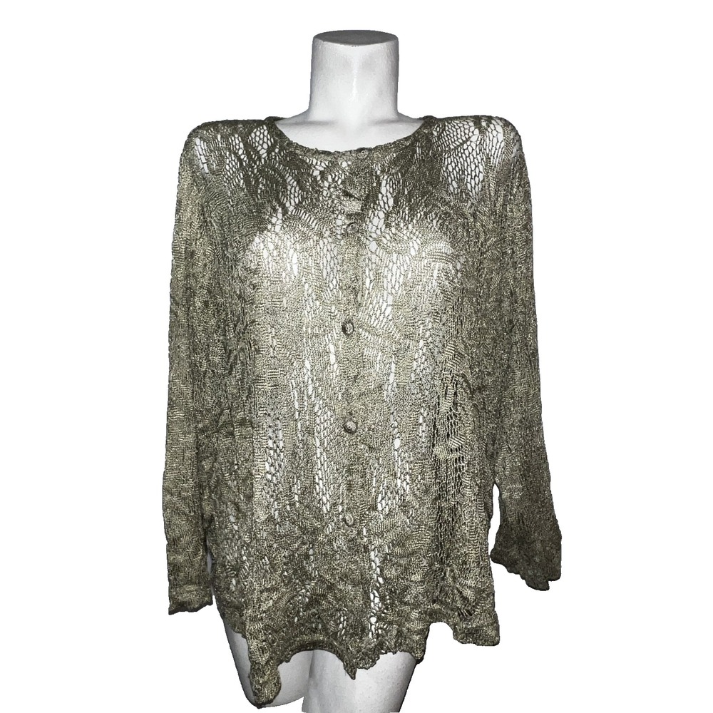 Carole Little II Vintage Gold Metallic Open Knit Crochet Cardigan Sweater 2X